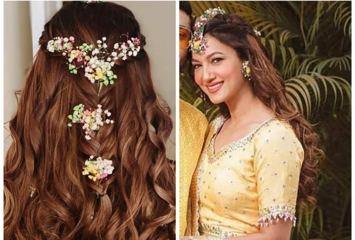 gauhar khan zaid darbar pre wedding ceremony bridal wear yellow floral lahenga with beautiful hairstyle