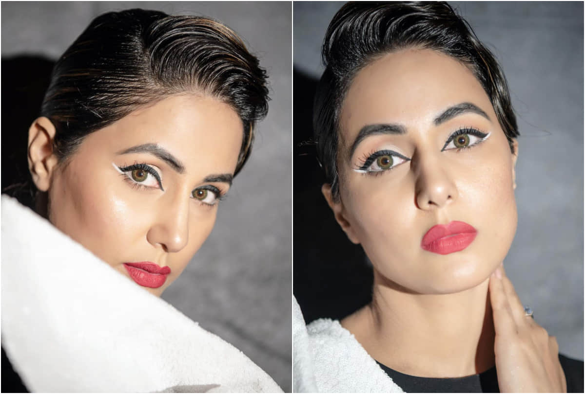 new year 2020 party makeup idea from hina khan blue eyeliner and mascara clad eyes