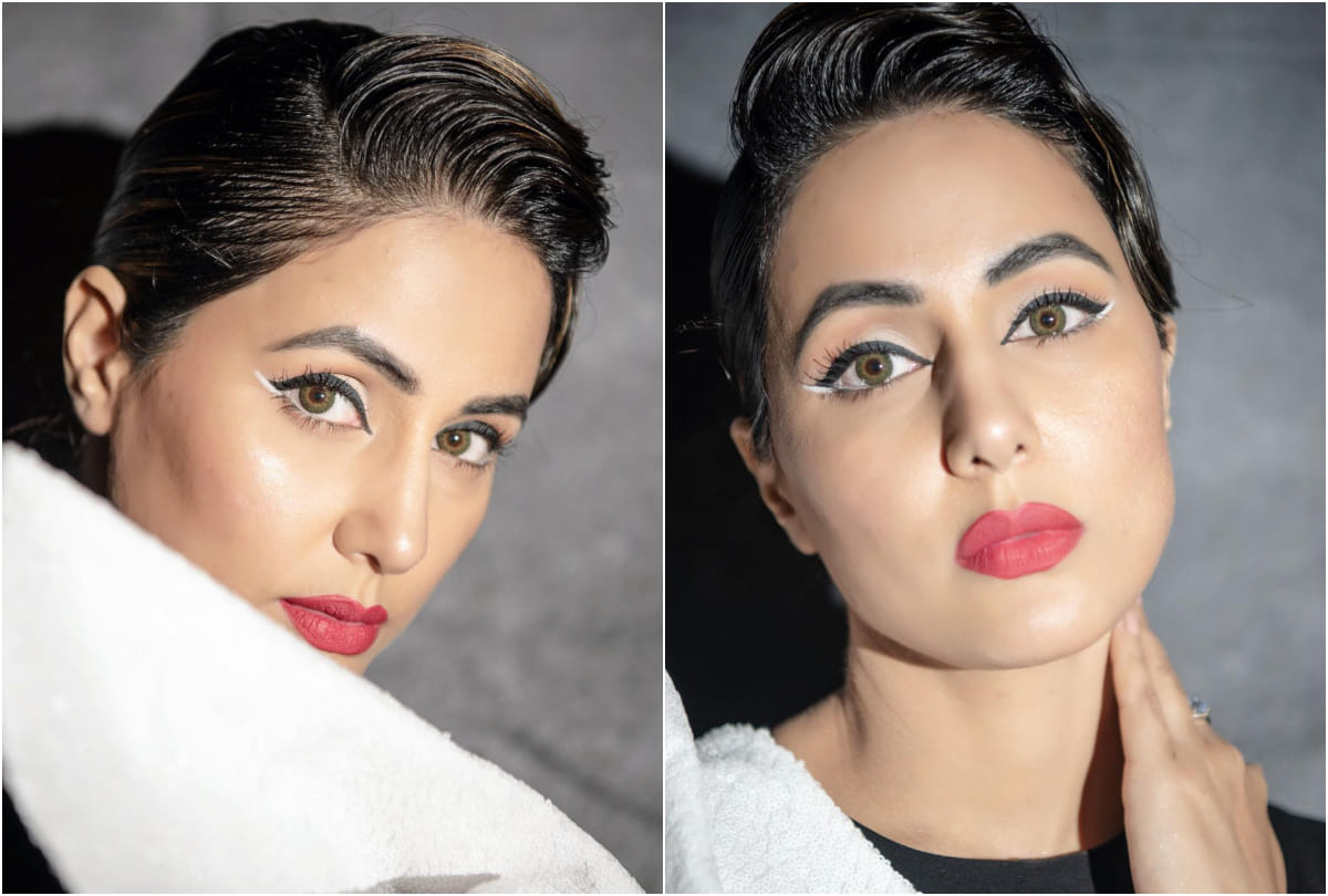new year 2020 party makeup idea from hina khan blue eyeliner and mascara clad eyes