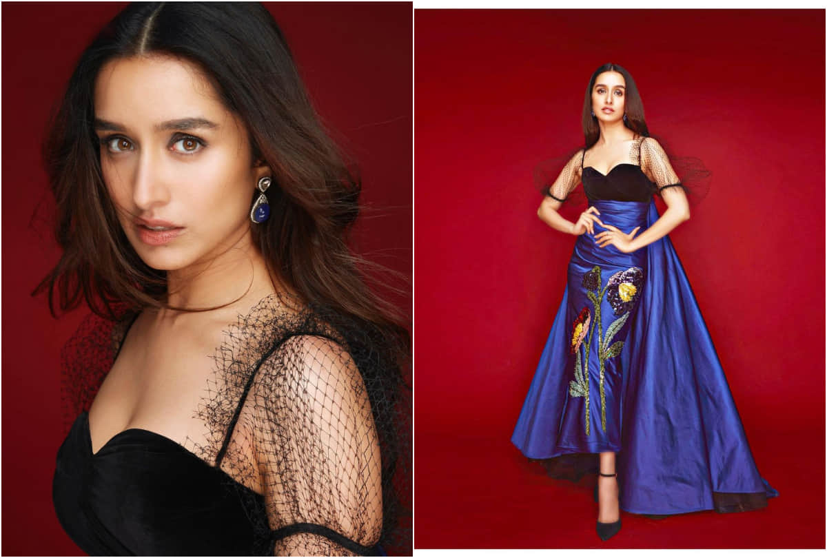 shraddha kapoor flaunts figure in blue and black satin gown with net sleeve