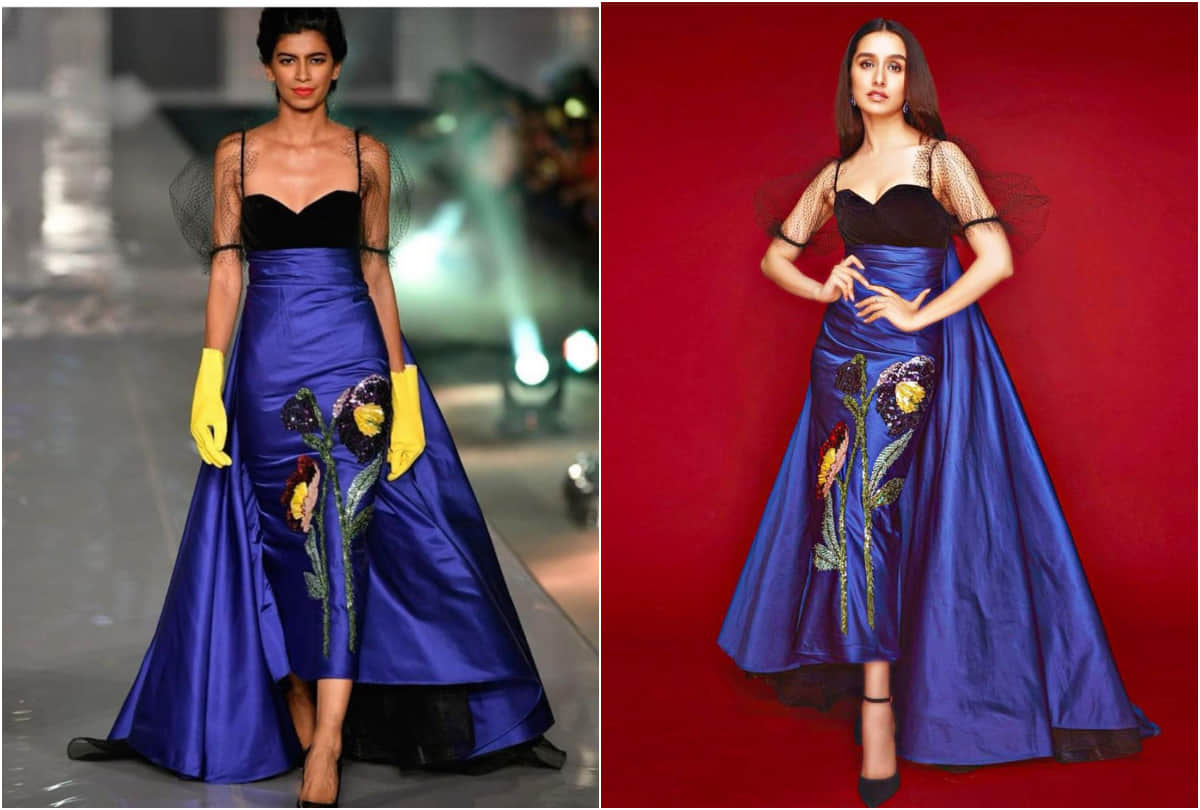 shraddha kapoor flaunts figure in blue and black satin gown with net sleeve
