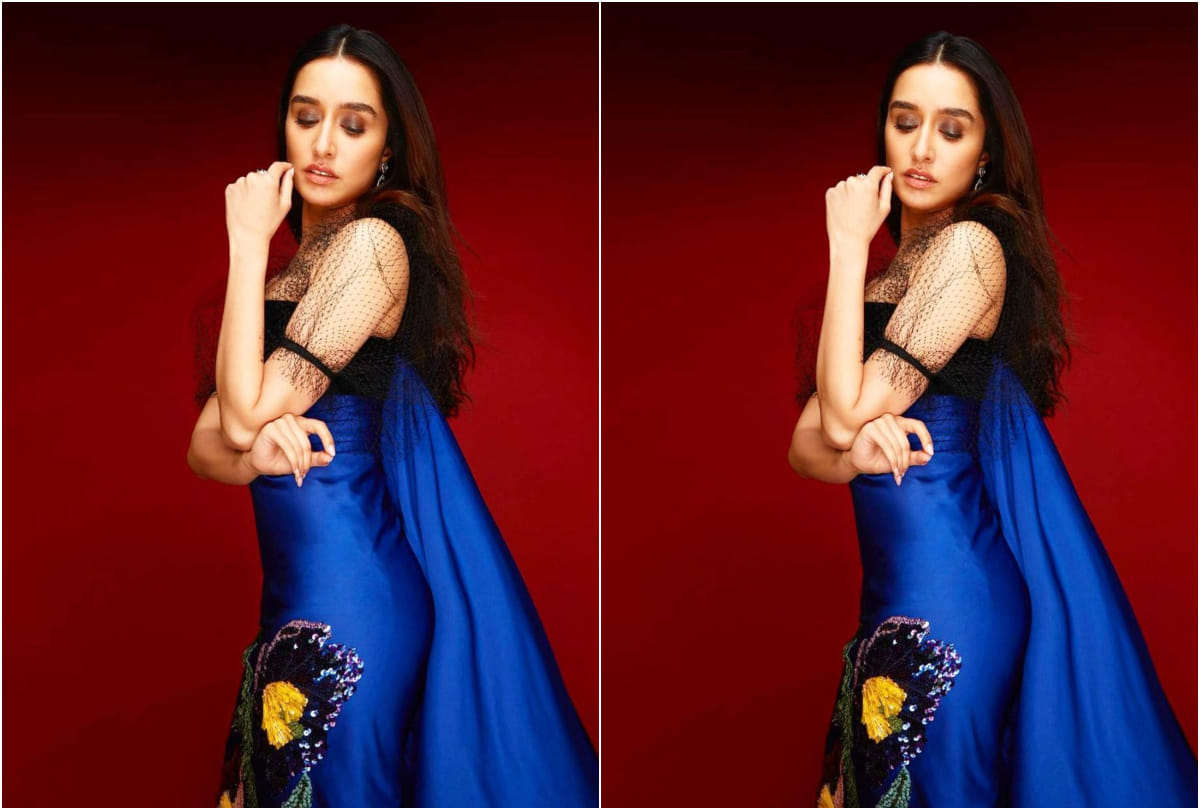 shraddha kapoor flaunts figure in blue and black satin gown with net sleeve