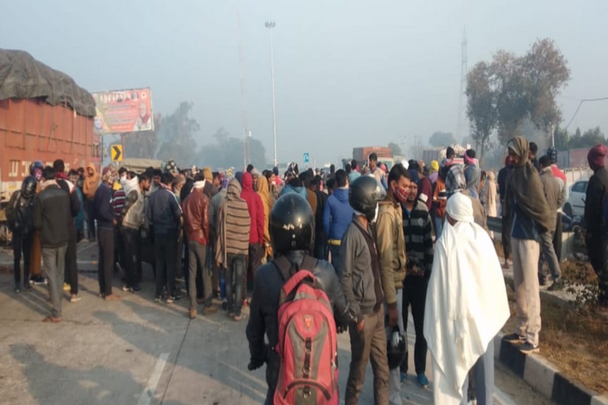 UP roadways bus hit the bikers while they were talking on the roadside in Kharkhauda , two died