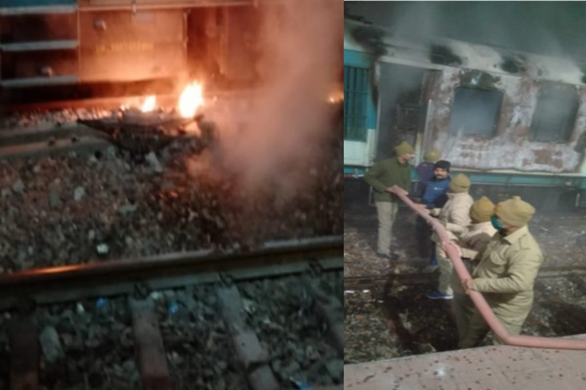 fire in a train standing on railway track in Shamli