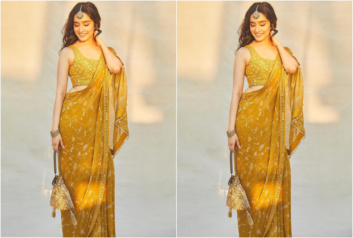 shraddha kapoor steal the limelight in cousin engagement with mustard yellow saree