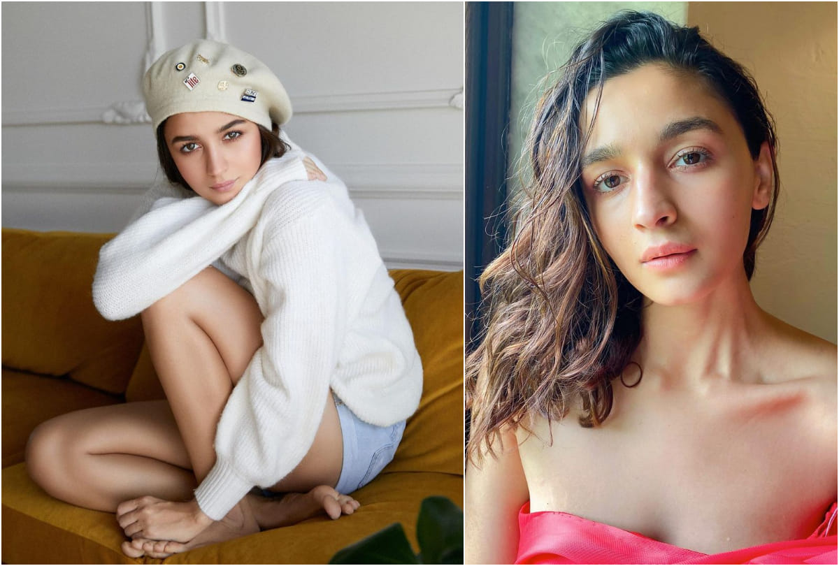 alia bhatt look sultry in winter look wearing white pullover with denim shorts