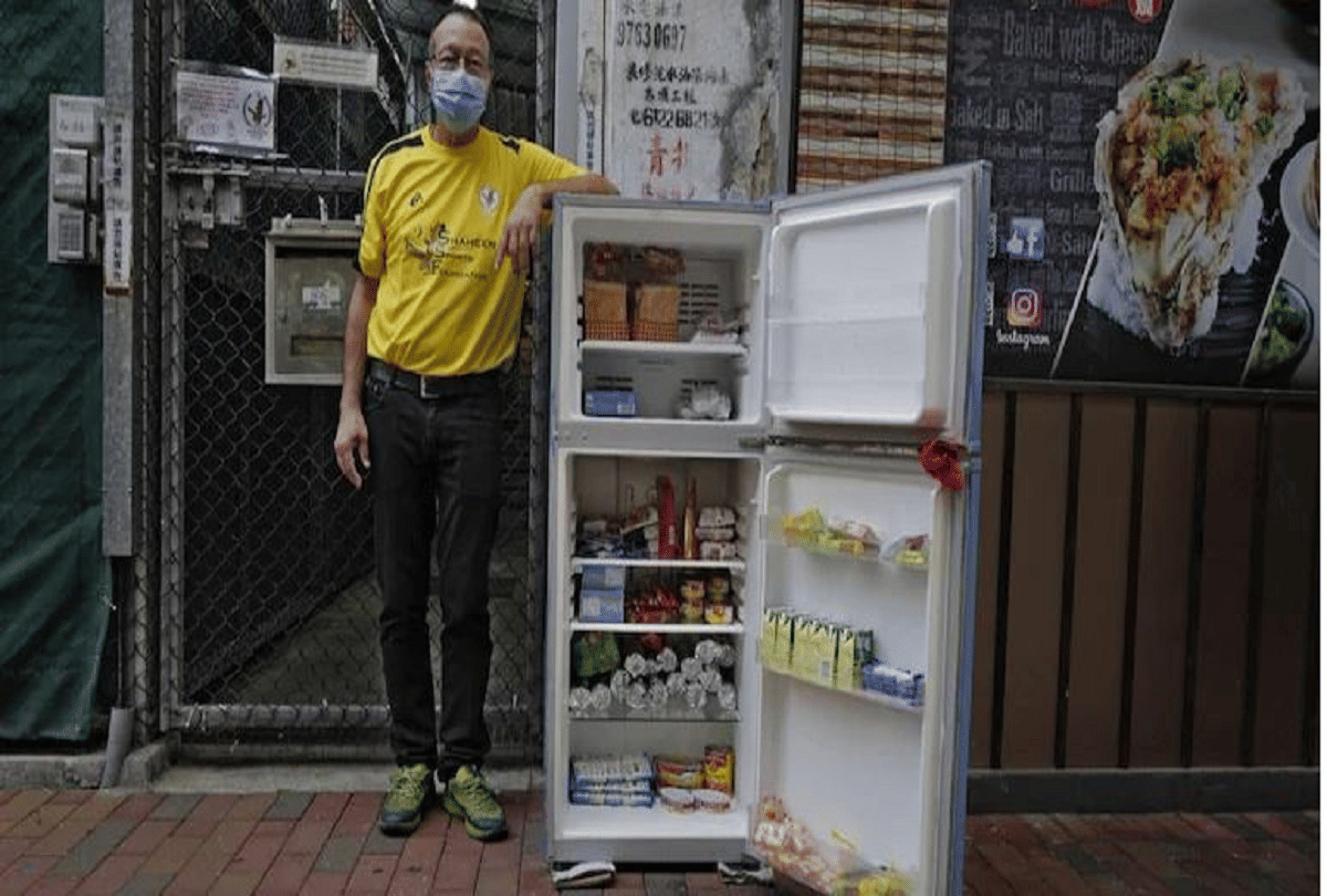 Hongkong Community Refrigerator filled with food socks and towels