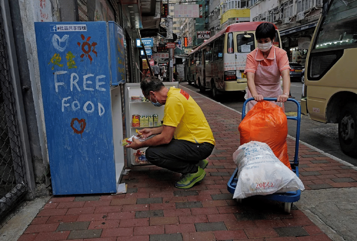 Hongkong Community Refrigerator filled with food socks and towels