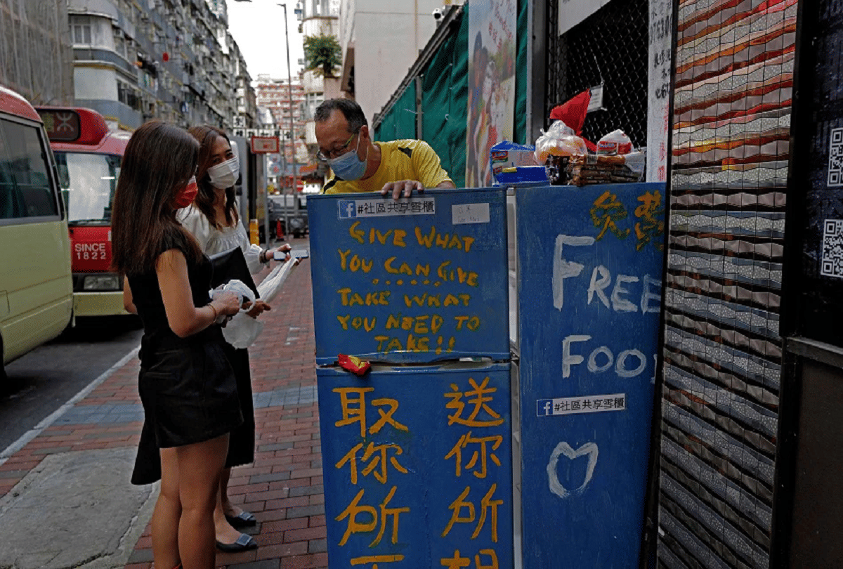 Hongkong Community Refrigerator filled with food socks and towels