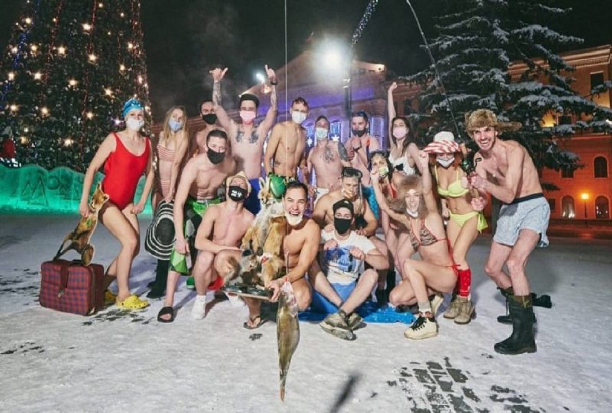 People celebrating new year party at minus 39 celsius in swimwear and bikini in Siberia