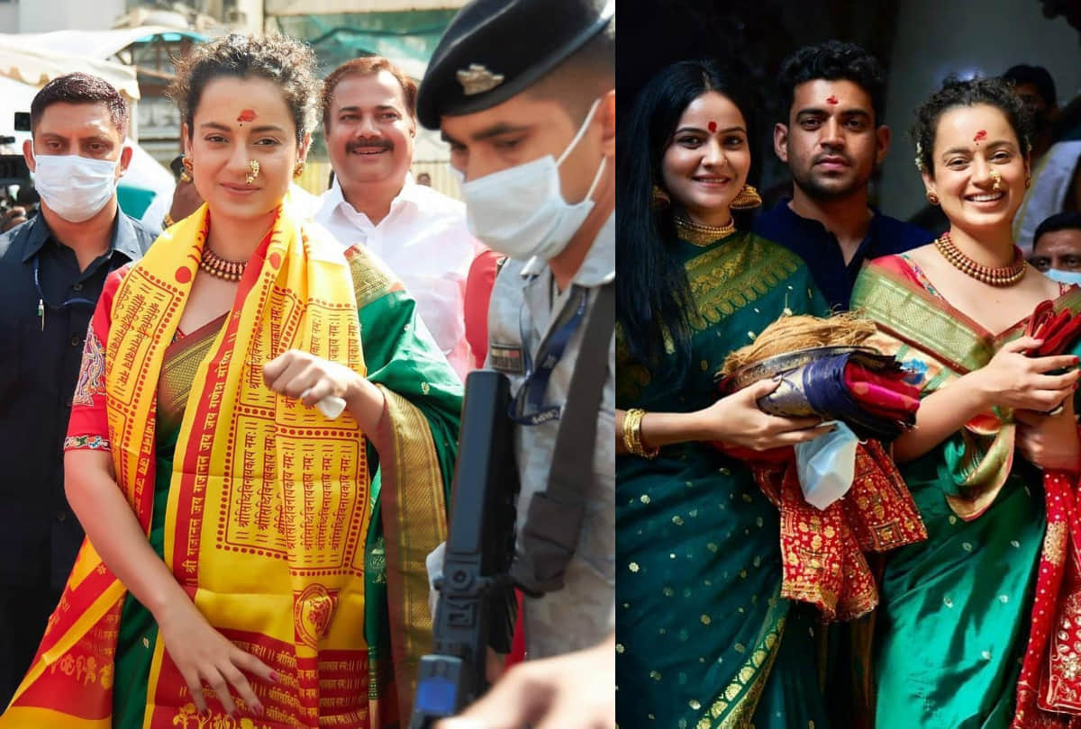 kangana ranaut visits siddhivinayak temple in green silk saree with maharashtrian nath and gajra