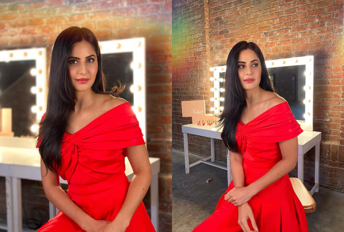 katrina kaif fresh look in red classic saffron dress