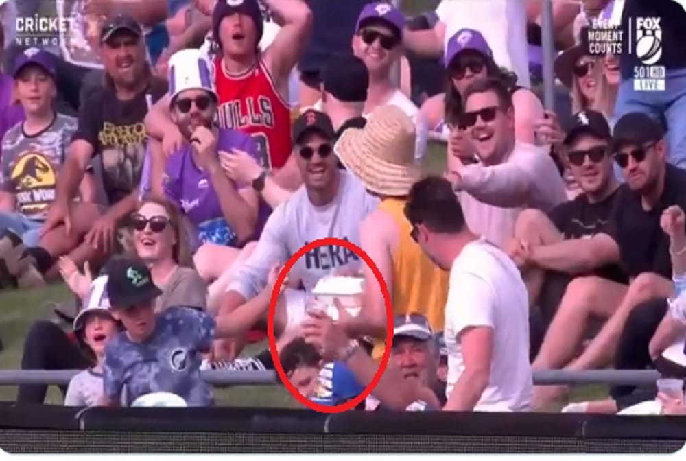VIDEO: batsman hits six ball falls into spectators beer glass in BBL