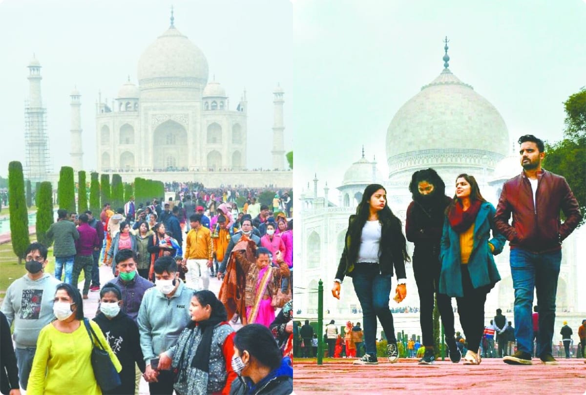 taj mahal agra news: huge crowd of tourists gathered at taj mahal on weekend