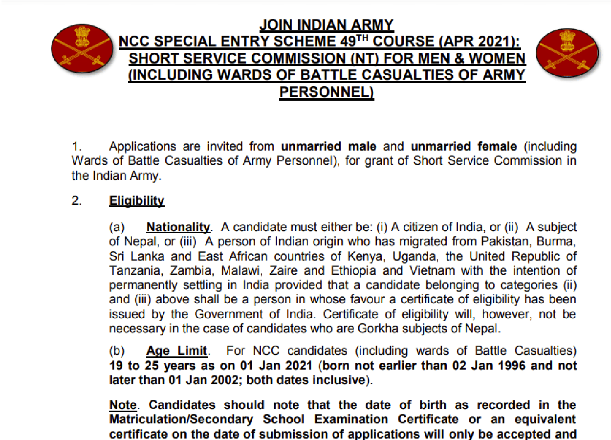 Indian Army Sena Bharti started recruiting NCC cadets by SSC special entry scheme