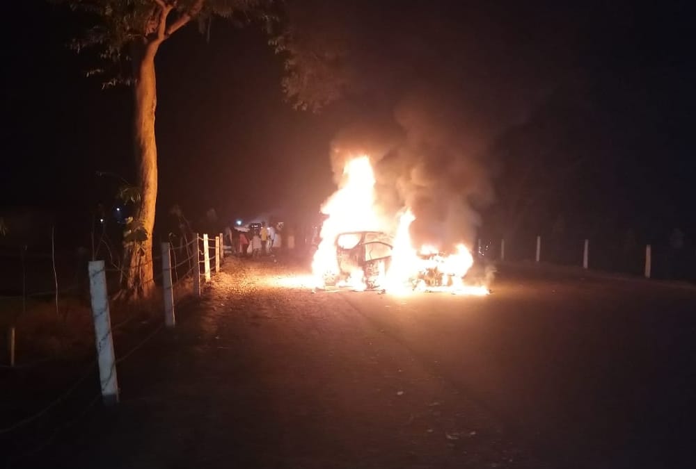 A car catches fire after accident in Sultanpur.