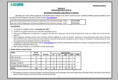 Bank Job IDBI SO Recruitment 2020 for 134 posts online registration end today know details
