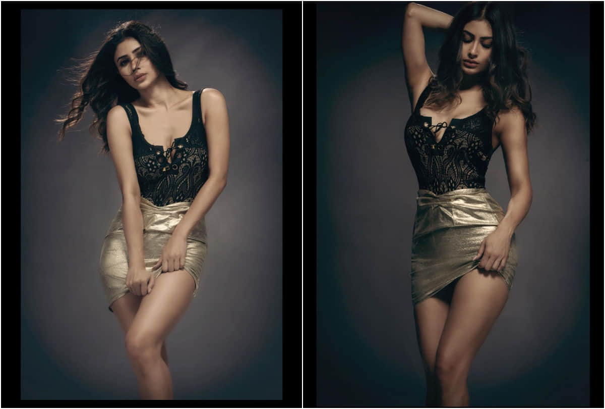 mouni roy post photos in golden mini skirt with black lace top