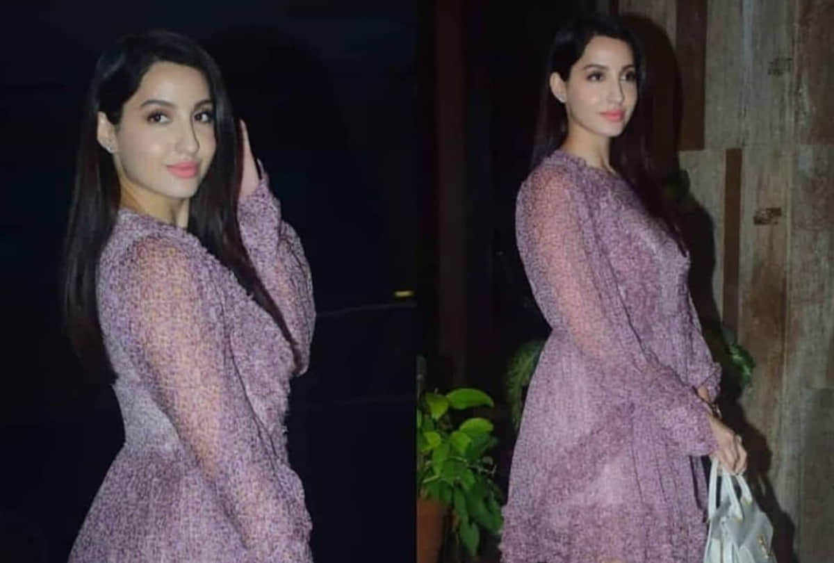 nora fatehi show grace in purple sheer fabric mini dress with expensive purse