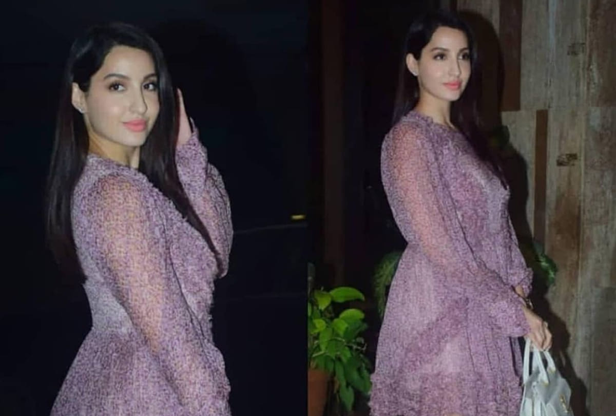 nora fatehi show grace in purple sheer fabric mini dress with expensive purse