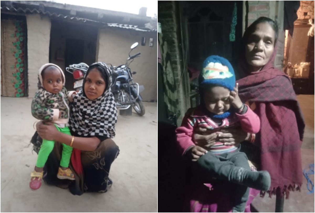 अरपति गांव में कुपोषित बच्ची के साथ मां अनिता और मित्तूपुर गांव में दादी की गोद में तीन वर्षीय अति कुपोषित बच्चा