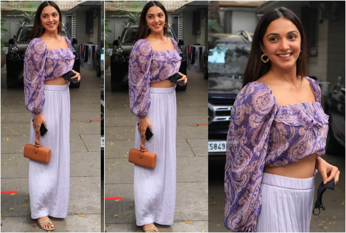 kiara advani spotted lavender ruffle crop top with extremely affordable clutch bag