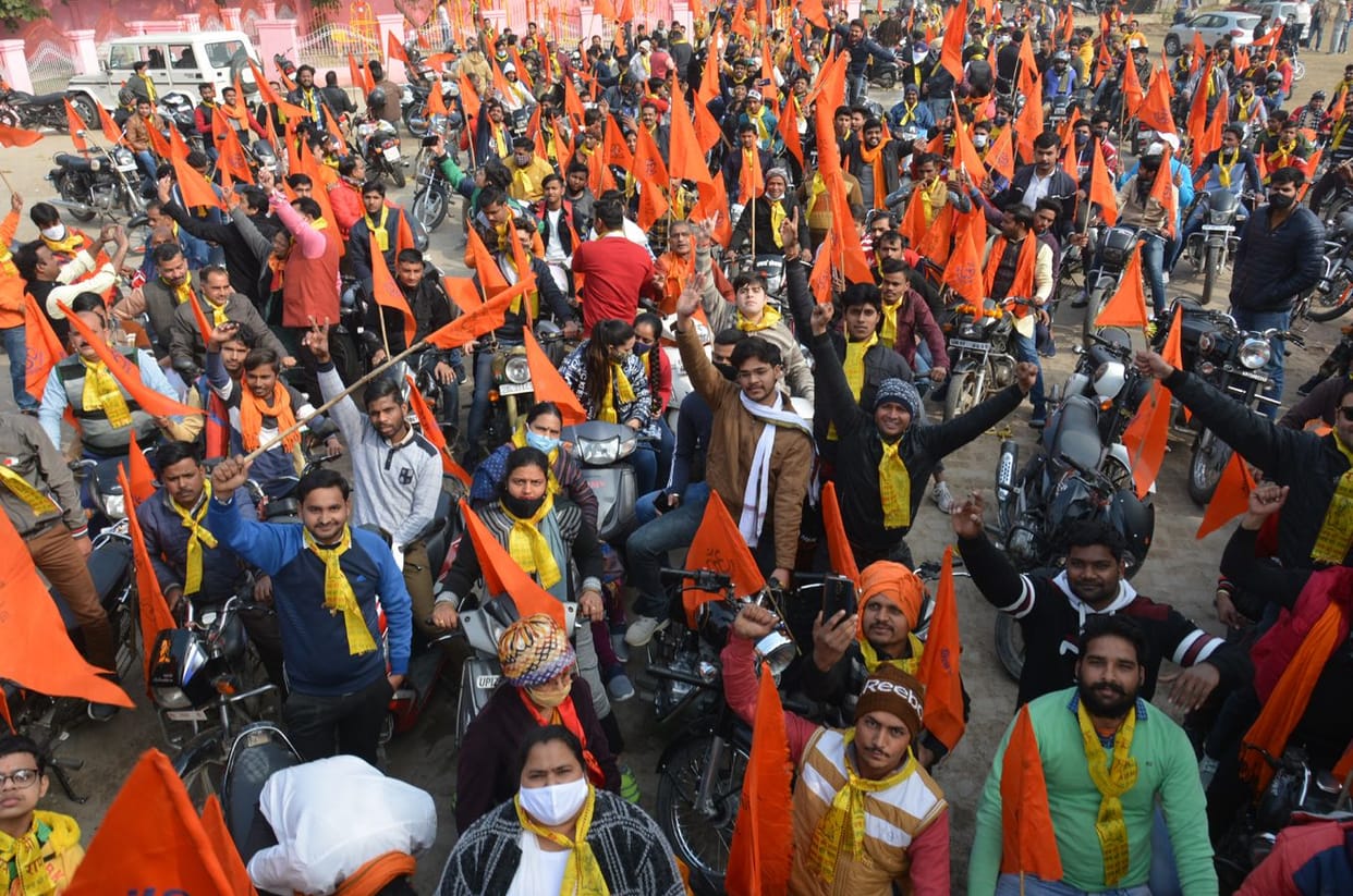 Public rally bike rally organized for temple construction