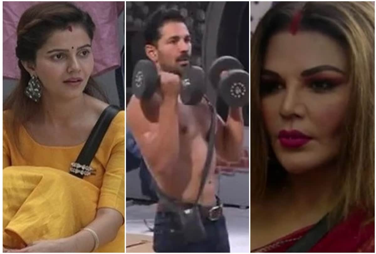 Bigg Boss 14 Rakhi Sawant pulls drawstring of Abhinav Shukla pajamas Rubina Dilaik warns her