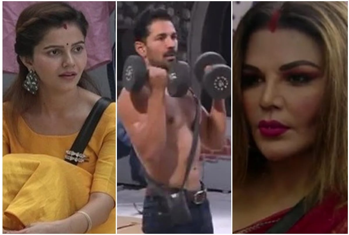 Bigg Boss 14 Rakhi Sawant pulls drawstring of Abhinav Shukla pajamas Rubina Dilaik warns her
