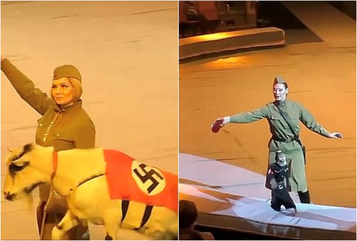 Russian circus performance featuring a monkey in Nazi uniform and a goats parading in swastikas