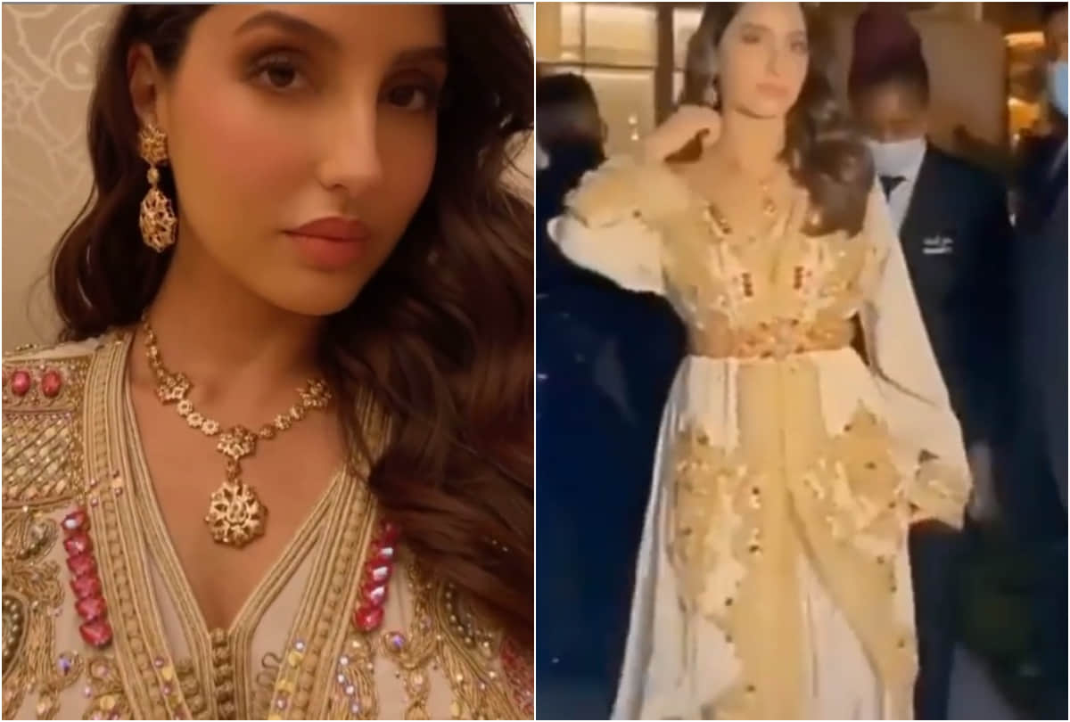 nora fatehi look queen of arab in golden kaftan dress