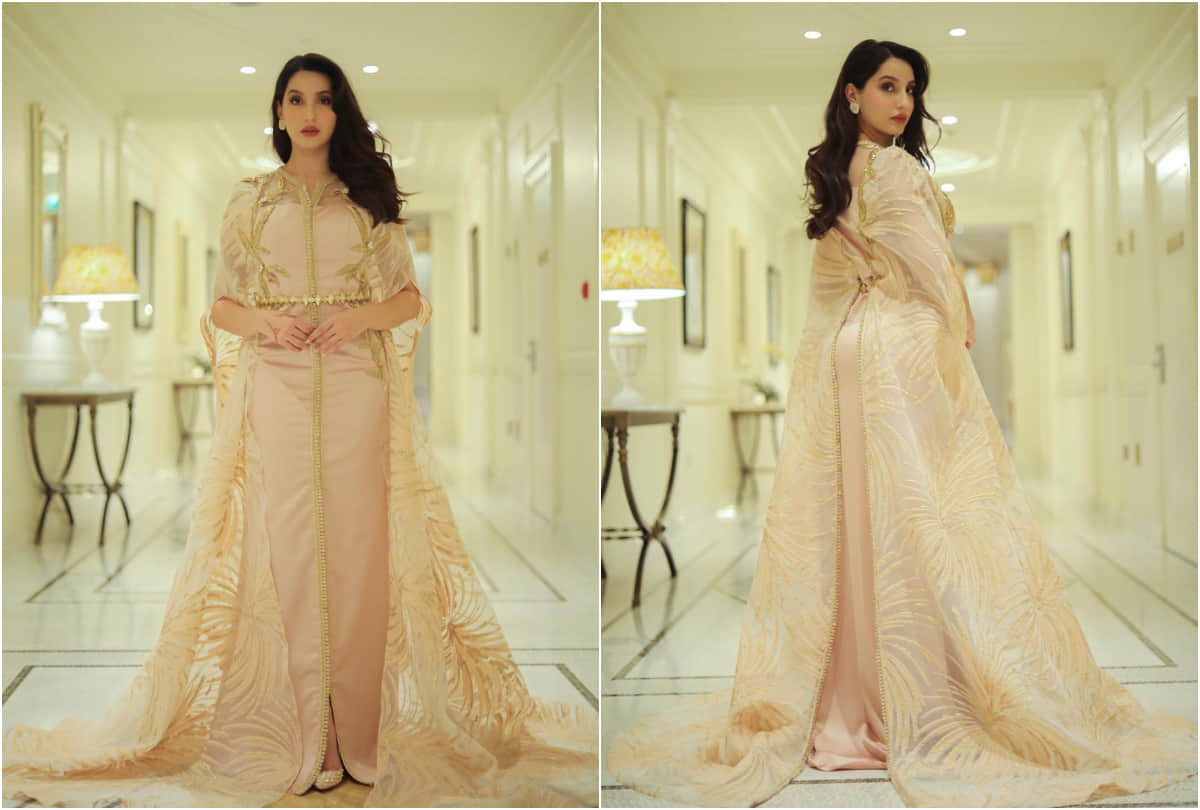 nora fatehi look queen of arab in golden kaftan dress