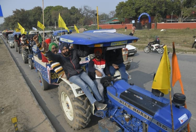 Farmers hold a tractor march at Chandigarh