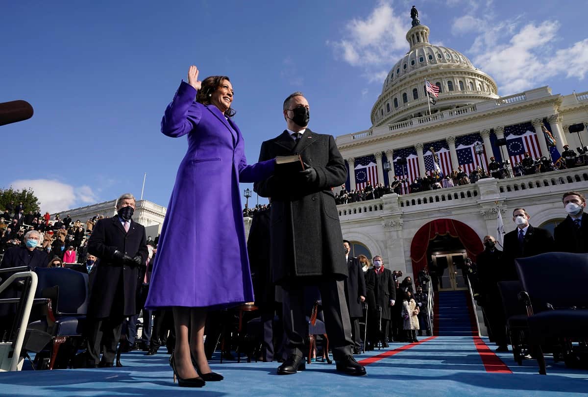 kamala harris choose formal purple dress for historic inauguration oath ceremony designed by two black designers