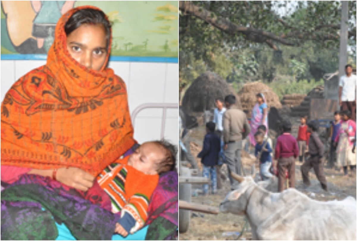 कुपोषित बच्चा मुन्ना अपनी मां पूनम देवी की गोद में और पुवायां तहसील के लखनापुर गांव का माहोल।
