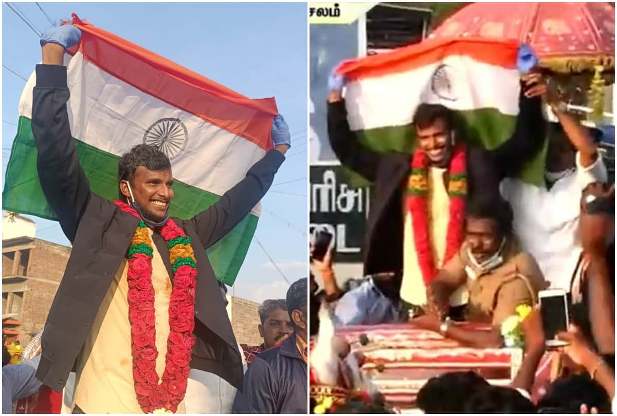 VIDEO Indian pacer T Natarajan returned to the country, received a warm welcome on chariot in the village, waved the tricolor