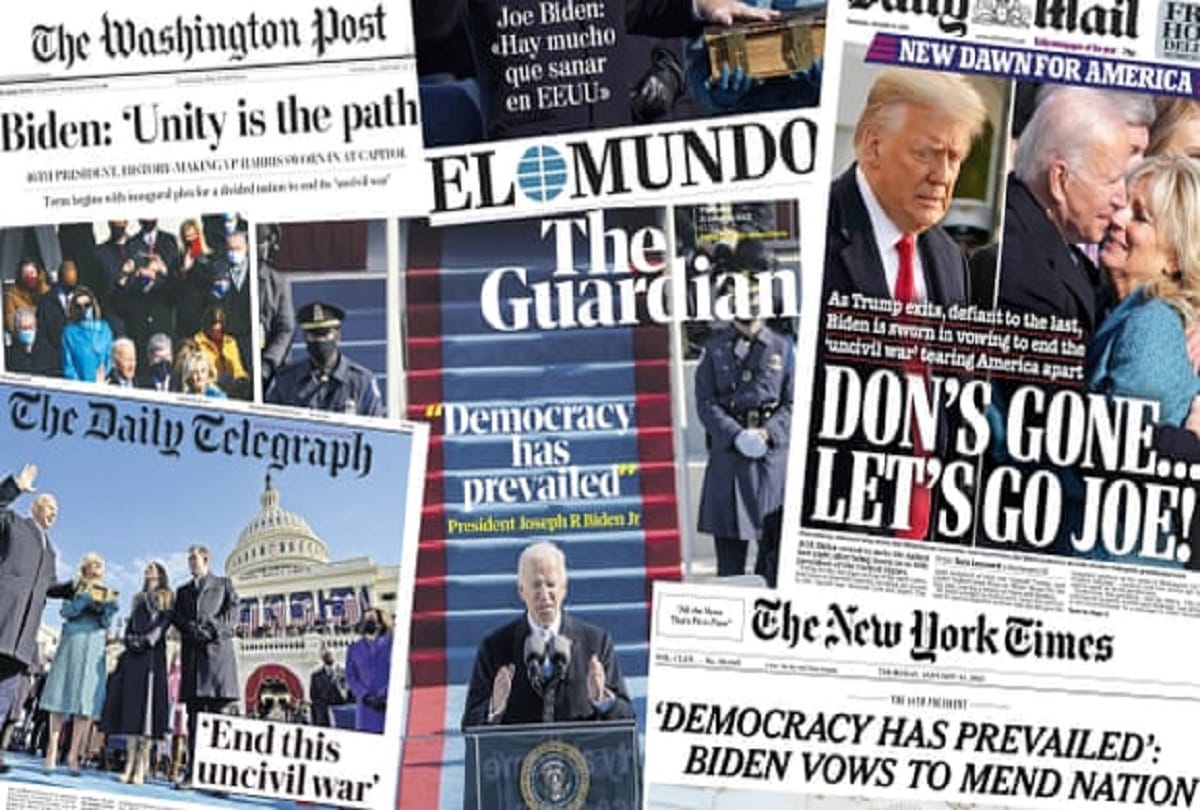 US president Joe biden in intenational media, victory of democracy india britain saudi arabia