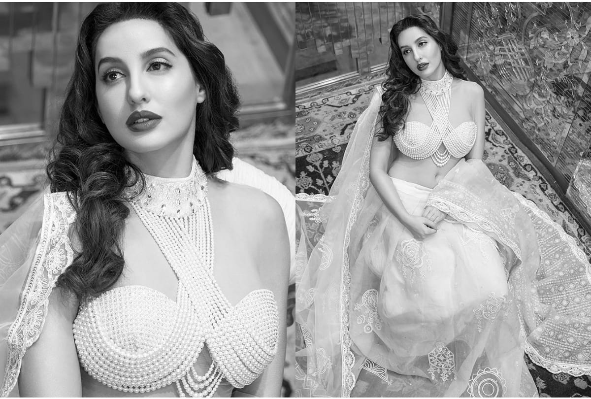 nora fatehi ditch fabric wear pearl blouse look regal in vintage look