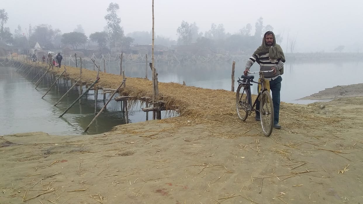 Villagers built wooden bridge over Rapti River