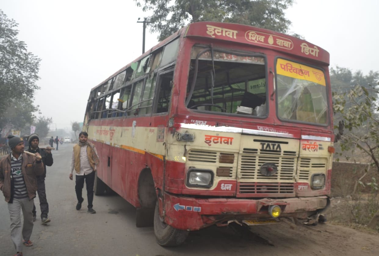 Roadways bus overturned on highway, accident survived