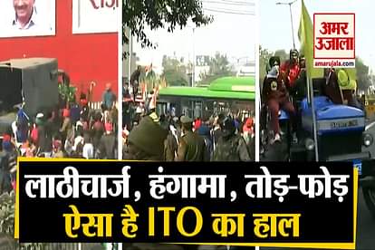 farmers protest at ito, protesting farmers vandalise dtc bus