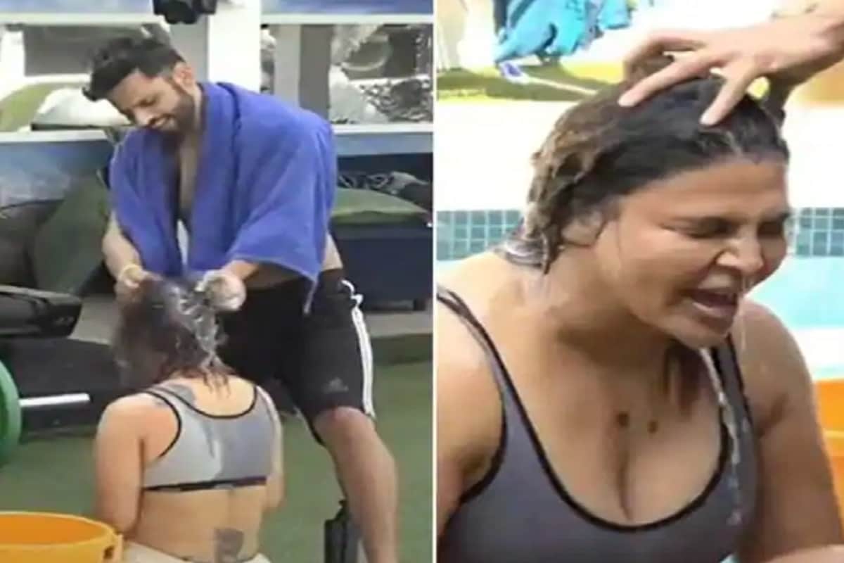Bigg Boss 14 Rahul Vaidya gives Rakhi Sawant a bath in the garden video goes viral