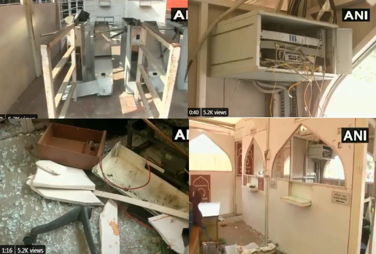 Red fort vandalize by protesters during kisan tractor rally in delhi security tightened at fort union minister prahlad patel reach to analyze loss see photos