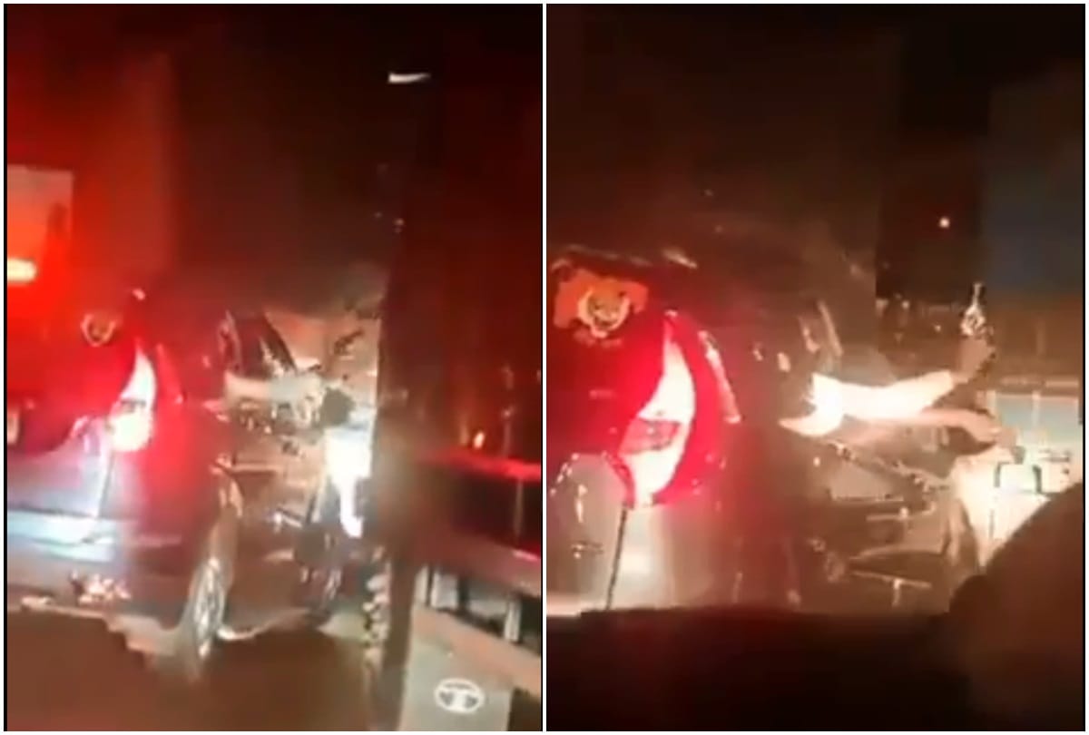 mumbai pune express highway video viral on social media showing gun on his hand and overtaking the traffic