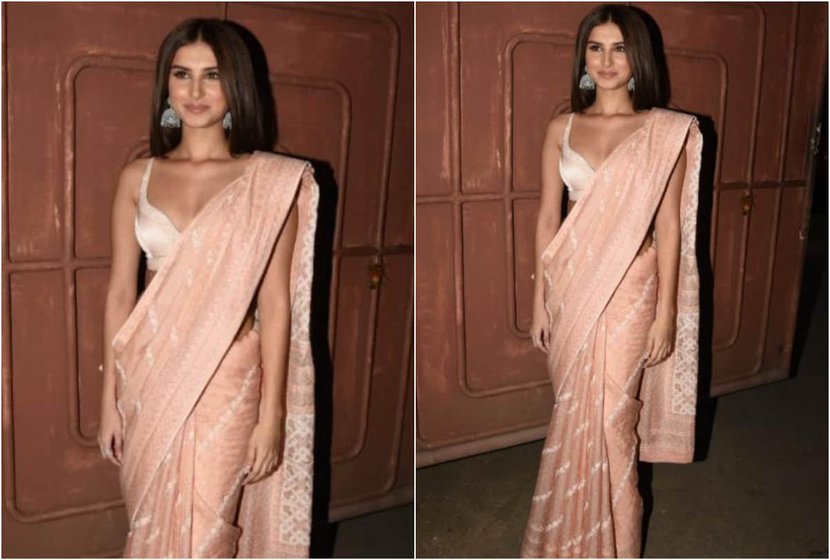 tara sutaria peach saree with bralette blouse for marjavan promotion