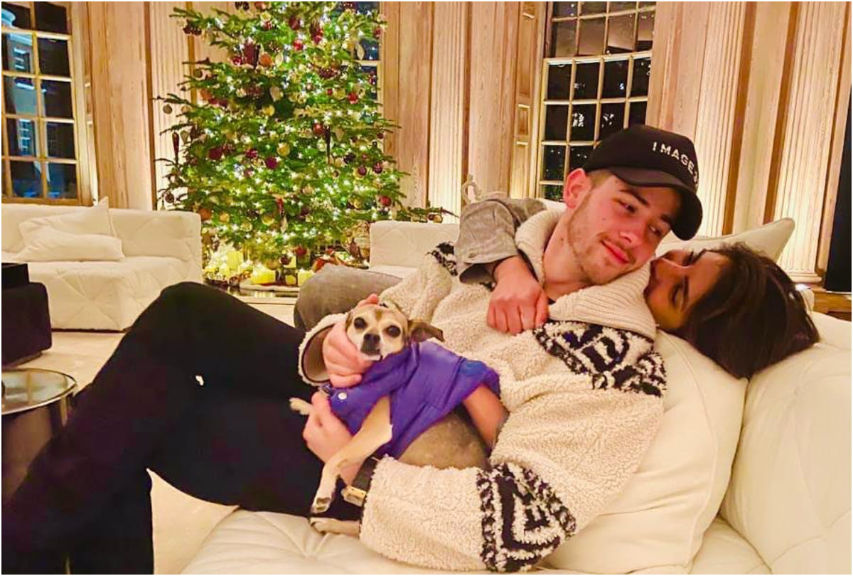priyanka chopra twins her white tiger dress with her pet dog diana