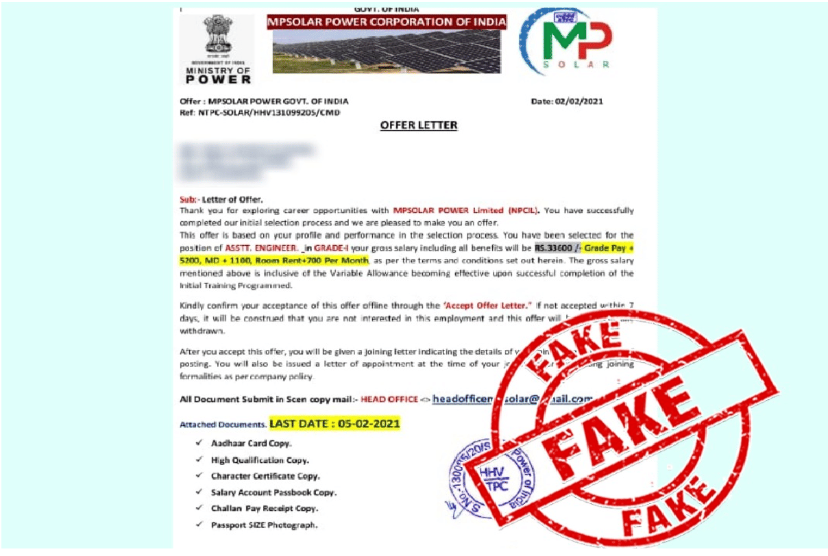 Fake : appointment letter allegedly issued by the Ministry of Power for the post of Grade-1 Assistant Engineer
