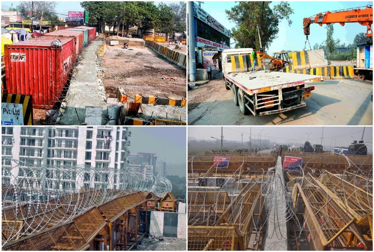 farmers protest delhi Concrete walls being built between the five level jersey barrier on the Singhu border kisan andolan delhi see photos