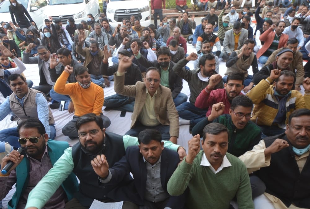 Employees of electricity department protest against privatisation.