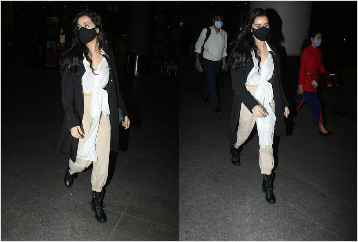 shraddha kapoor enter airport in stylish look wear black long shirt with front knot top
